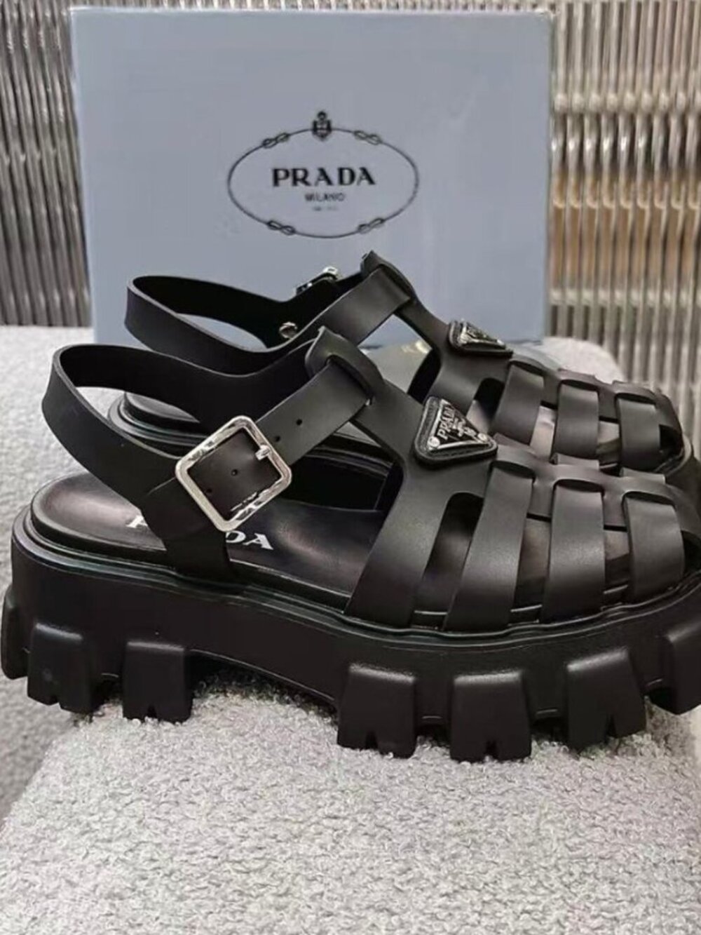 Prada Monolith Black Fisherman Cage Lug Sole Platform Sandals - Picture 3 of 6